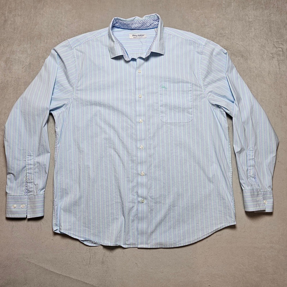 Tommy Bahama Sarasota‎ Stretch Mens XL Blue Green Striped Button Down Shirt